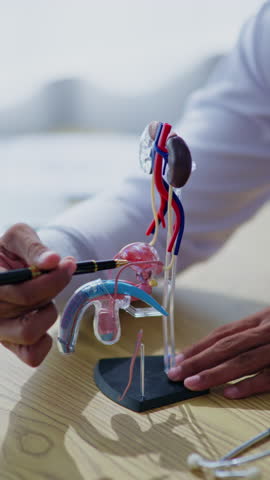 Vertical footage of doctor explaining each part of male Reproductive system and Scrotum, penis to patient and medical student in hospital
