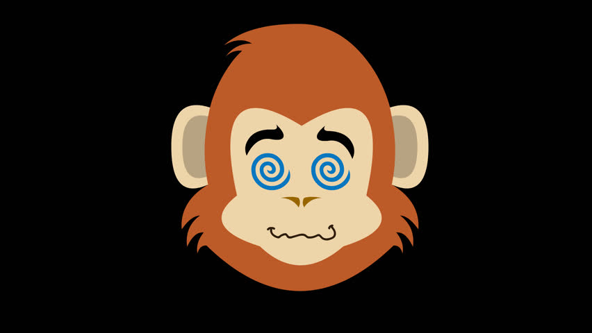 video animation face primate monkey animal cartoon with spiral shaped hypnotized eyes, on a transparent background with alpha channel set to zero