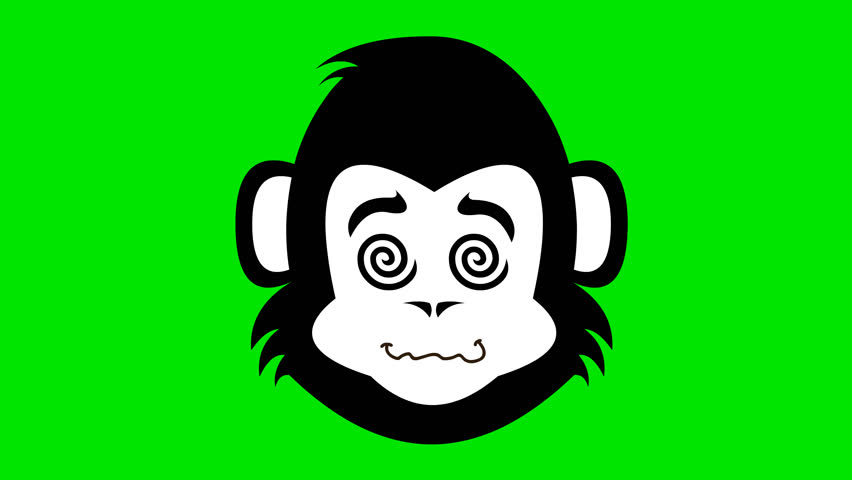 video drawing animation face primate monkey animal cartoon with spiral shaped hypnotized eyes, drawn in black and white color. On a green chroma key background