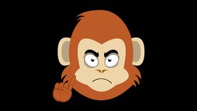 video animation face monkey, primate or chimpanzee cartoon saying no with finger index body part. On a transparent background with alpha channel set to zero