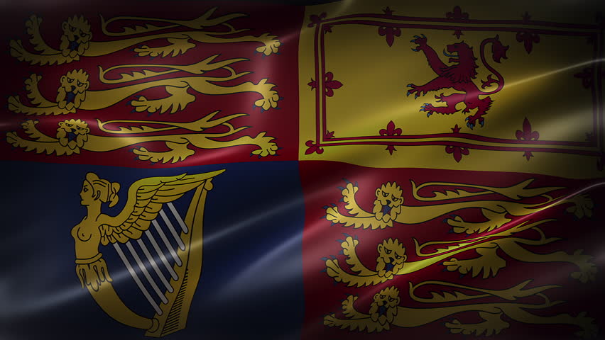 Royal Standards of the United Kingdom, font view, full frame, sleek, glossy, fluttering, elegant silky texture, waving in the wind, realistic 4K CG animation, movie-like look, seamless loop-able.