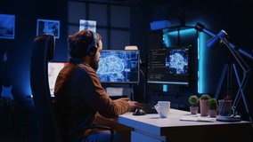 Developer updating artificial intelligence neural networks, drinking coffee and listening music in personal office. IT expert enjoying hot beverage and audio podcasts while writing AI code, camera B - Powered by Shutterstock - Get 15% off with code: PIKWIZARD15