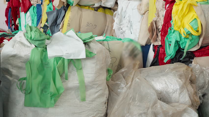Lots of old handbags collected at the storage room for fabric recycling. Keeping fabric material at the storage facility for recycling. Storing the used eco fabric bags for recycling at the plant