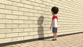 Boy pushing wall with force 3d rendered video clip