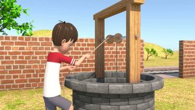 Draw a bucket of water from well 3d rendered video clip