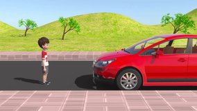 Boy Standing in front of car 3d rendered video clip