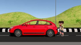 Two boys Pushing car with force 3d rendered video clip