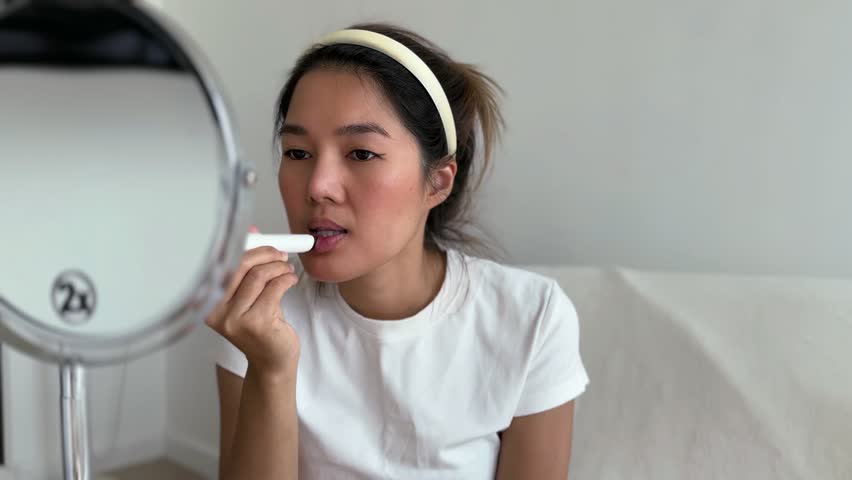 Asian woman in white t-shirt wearing make up in the living room.