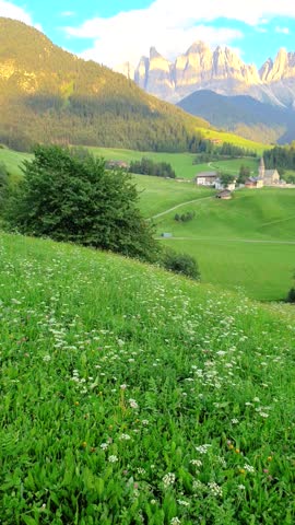 Santa Maddalena Village in Dolomites Italy, Santa Magdalena village magical Dolomites mountains, Val di Funes valley, Trentino Alto Adige region Italy, 