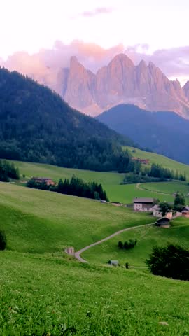 Santa Maddalena Village in Dolomites Italy, Santa Magdalena village magical Dolomites mountains, Val di Funes valley, Trentino Alto Adige region Italy, 