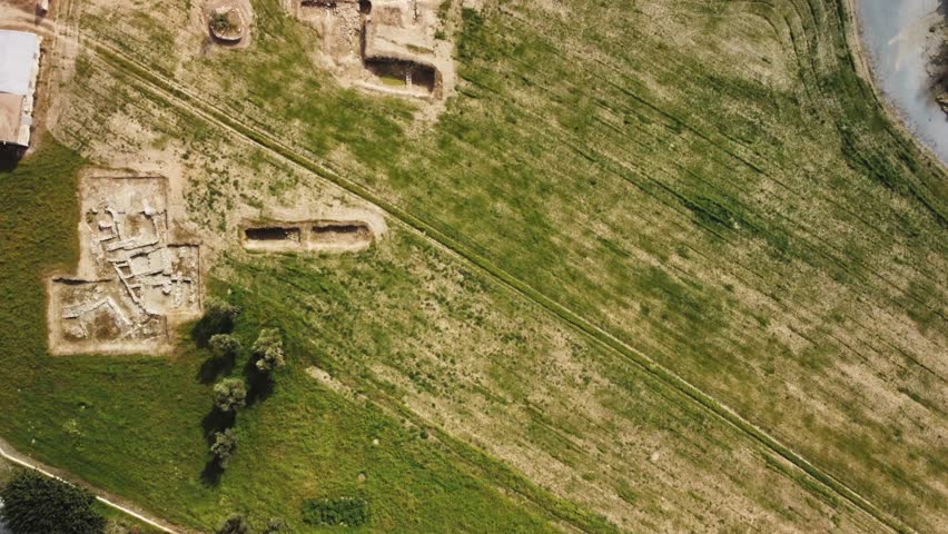 Reconstructed buildings housing a storage and acient olive oil production workshop at Klazomenai site in Urla town of Izmir province in Turkey.