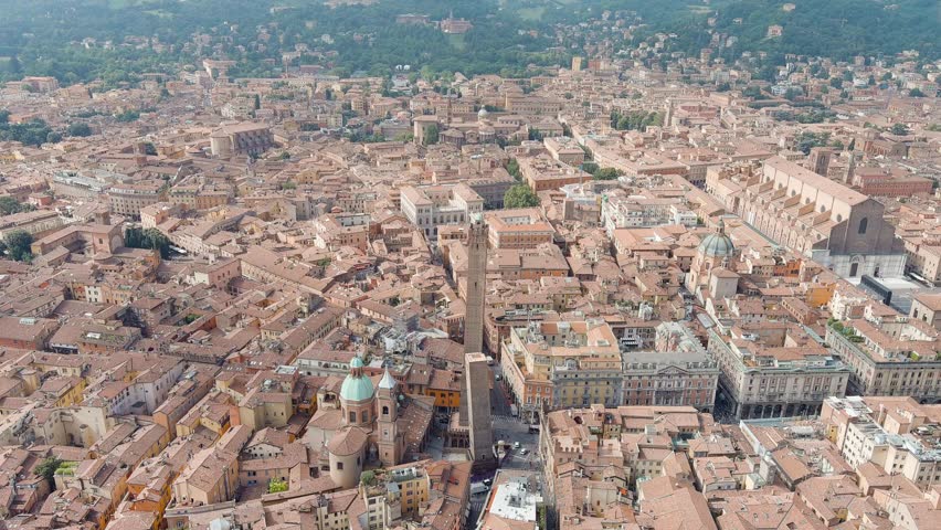 Bologna, Italy. Old Town. Two Towers. (Le due Torri) Garisenda and degli Asinelli. Towers from the 12th century. Summer, Aerial View, Point of interest