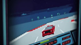 Achieving the high speed with a pixel car in the retro arcade simulator. Using a speedy car in the digital; arcade entertainment level. Controlling the high speed car in the arcade game. Retro.