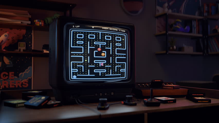 Nostalgia console game displayed on the old-school TV set screen. Controlling the 8bit character in the nostalgia console game. Bumping into the enemy block in the nostalgia console game. Loss. Royalty-Free Stock Footage #3445672283