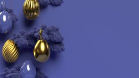 Blue and gold rotating hanging Easter eggs in the clouds. Easter holiday composition with copy space. 3d render 4K loop video animation.