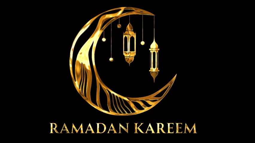 Ramadan Kareem with crescent moon and lanterns design 2024 golden glow animation video