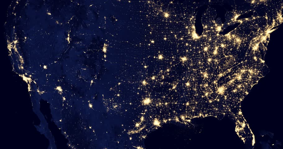 The bright lights of many US cities at night, as seen from an orbiting satellite. A small enlargement of the night map of the USA. Eastern states, east coast, east night view. 3D Illustration