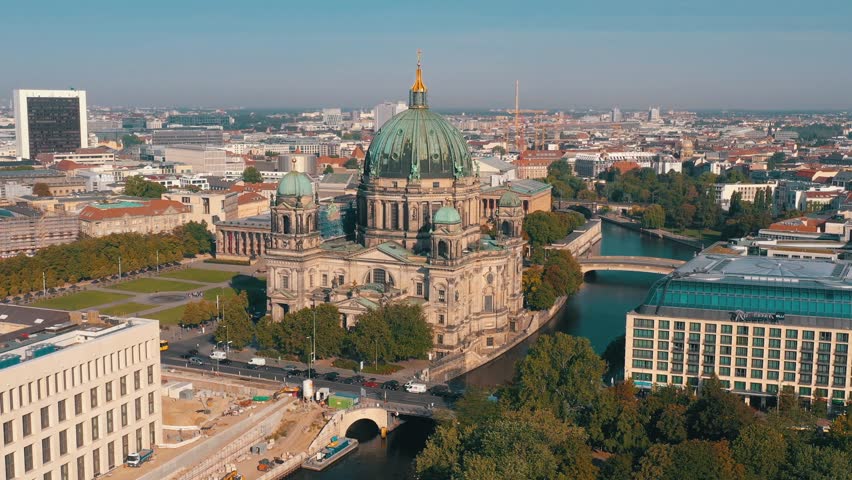 BERLIN, GERMANY - JUNE 17, 2023: Aerial panorama drone view of Berlin city center from above. Famous touristic landmark.