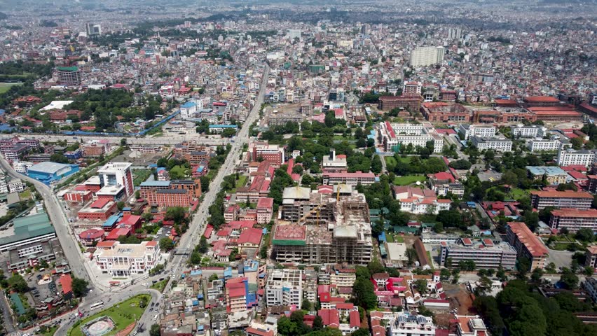 Aerial view of Kathmandu city, Nepal. showcasing the densely packed buildings background.