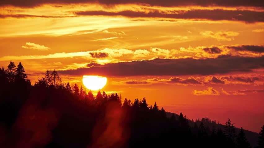 Sunset Time Lapse Mountains Sun Rays Clouds View Dramatic Sundown Top Landscape