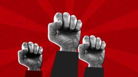 Fist expression of protest on the red grunge spiral background. Art collage, magazine style. 4K animation. - Powered by Shutterstock - Get 15% off with code: PIKWIZARD15