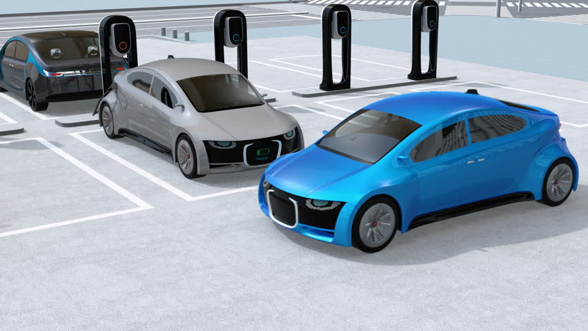 Blue car driving through parking lot which equip with electric vehicle charging system. 3D rendering animation. | Shutterstock HD Video #34458403