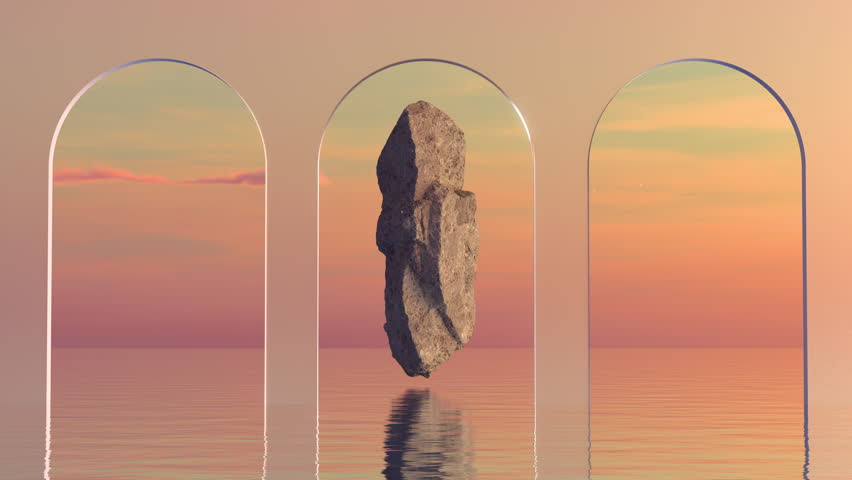 Water Surreal Sunset Podium Portal With a Big Stone Floating Royalty-Free Stock Footage #3445851657