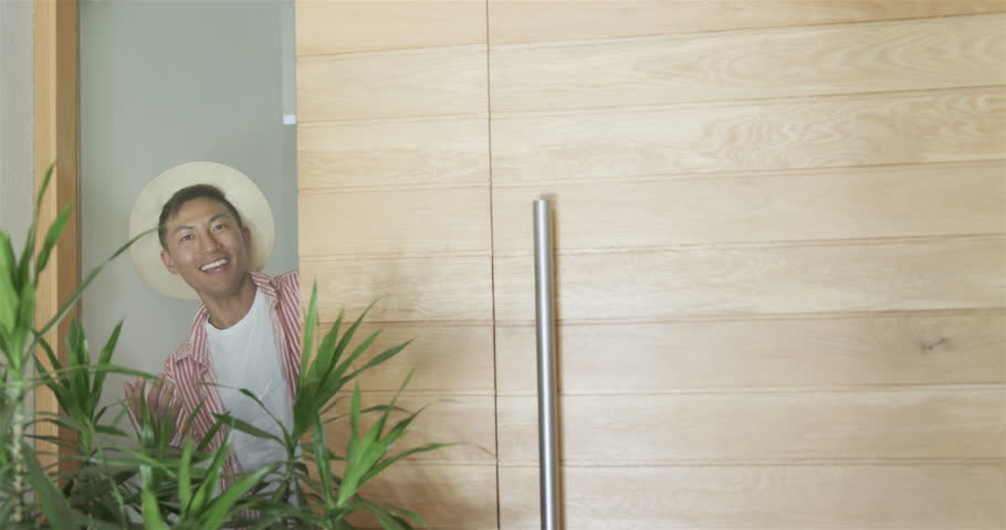 A young Asian man peeks from behind a door, with copy space. His playful gesture adds a sense of curiosity to the home setting, slow motion.