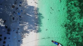 swimming green sea thai beach rocky island Gorgeous aerial top view flight drone