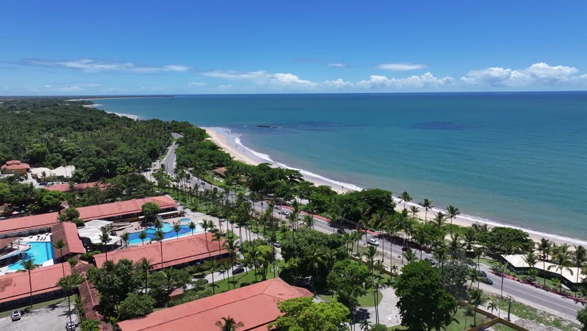 Cruzeiro Beach In Porto Seguro Bahia Brazil. Idyllic Beach. Nature Landscape. Bahia Brazil. Tourism Background. Cruzeiro Beach In Porto Seguro Bahia Brazil. Peaceful Scenery Of Tourism.