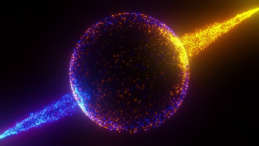 Streaming of particles around an invisible sphere. Diagonal video. Two sources of particles directed at each other. Luminous blue and gold particles. Abstract energy sphere. 4К sphere, futuristic, tec