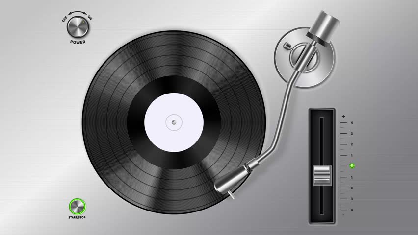 A vinyl record spins on a gray-colored turntable. Animated background for mp4 music albums