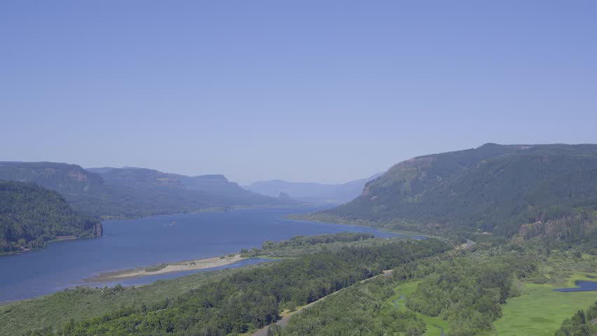 A 4k video of the Columbia River and Gorge and the Veterans Memorial Highway as viewed from the Vista House in Oregon.