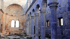 Cambazli Church video: old ruin, christianity, 5th century in Anatolia. Preserved old ruin, christianity, colonnades in Mersin, Turkey. Explore old ruin, christianity, Carinthian capitals