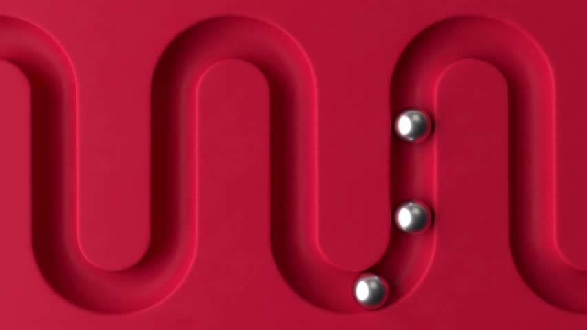 Metal balls rolling in geometry deepening. Abstract cycled minimal animation. Smooth light, realistic dynamic. Loopable sequence. 3d animation, 4K