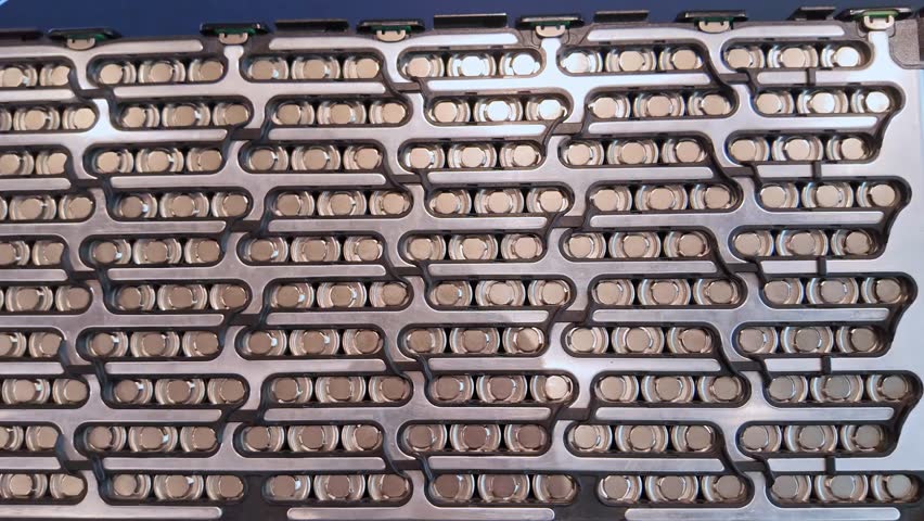 Electric car battery pack, green energy concept. Electric vehicle battery manufacturing. Modern EV battery pack lithium-ion. Clean energy storage.