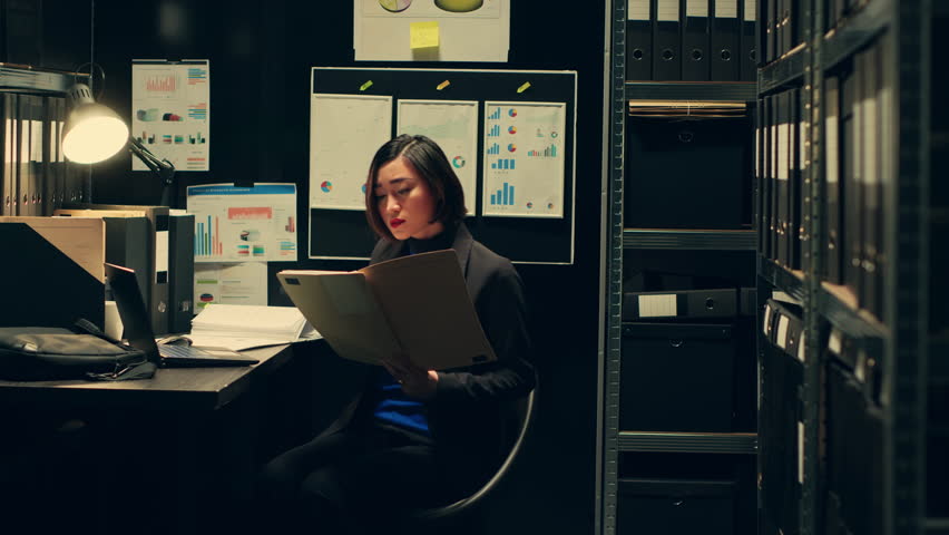 Private agent working in archive room at police to read official records or documents relevant to criminal case investigation. Detective officer conducting background check on suspects. Camera A.
