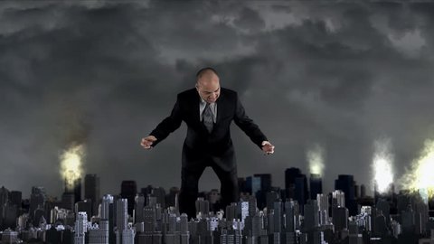 Crazy businessman destroying the city King Kong style, explosions and thunder included...