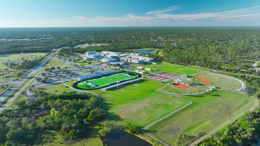 Public high school open air sports facilities in North Port, Florida. American football stadium, tennis courts and baseball diamond sport infrastructure. Royalty-Free Stock Footage #3446115461
