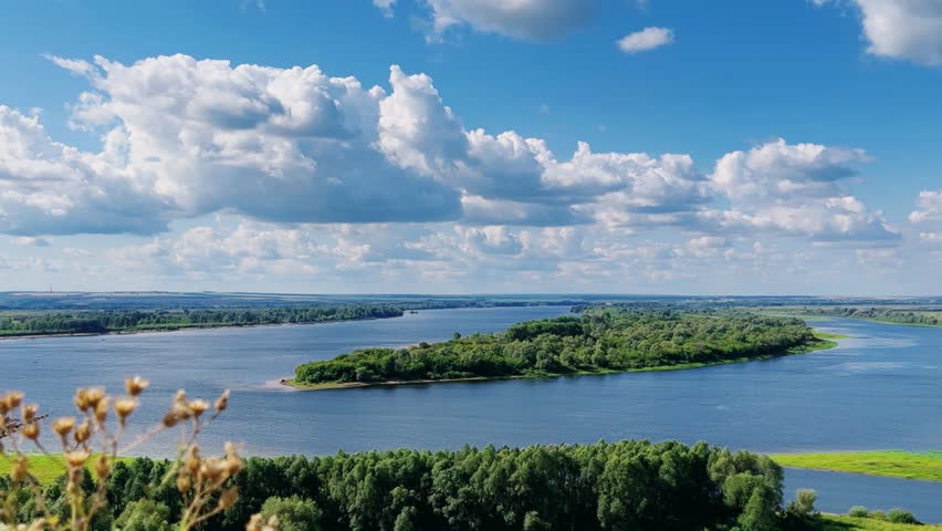 Picturesque view of the Kama River from the observation deck at the Yelabuga settlement. The movement of clouds over the river. Lower Kama National Park. Yelabuga, Republic of Tatarstan, Russia, 4K