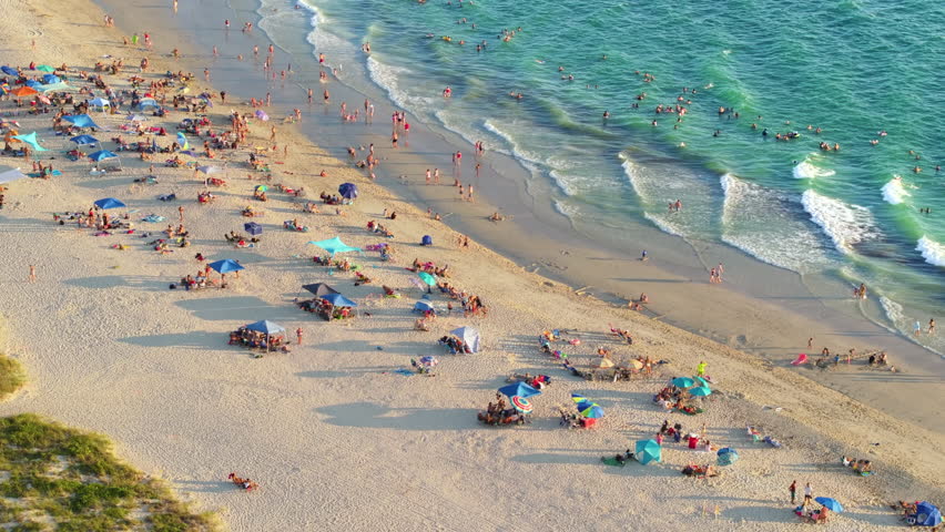 Venice, Florida. Aerial view of Nokomis beach in Sarasota County, USA. Many people enjoying vacation time swimming in gulf water and relaxing on warm sun at sunset. Royalty-Free Stock Footage #3446177965