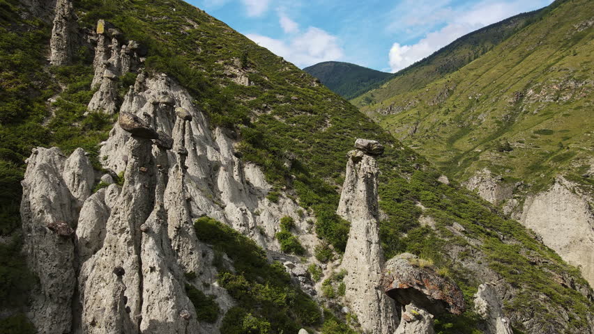 Aerial view of natural rock formations Stone mushrooms in the Altai Nature Reserve in the Chulyshman River valley. Soil erosion. Tourist attraction. Close up