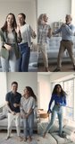 Vertical videos collage view, cheerful diverse people, young and mature couples having fun at home, dancing to favourite music in cozy living room, enjoy active leisure, feel overjoyed. Family weekend