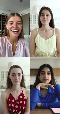 Vertical portraits four attractive young 25s women talking through videoconference, multiple videos collage view. Young generation and modern technologies usage, worldwide communication, friendship Royalty-Free Stock Footage #3446207349