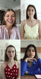 Vertical portraits four attractive young 25s women talking through videoconference, multiple videos collage view. Young generation and modern technologies usage, worldwide communication, friendship