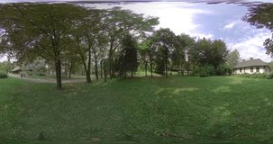 This 360-degree video offers a captivating and immersive journey through a charming rural landscape. The verdant green grass stretches as far as the eye can see, creating a tranquil and serene