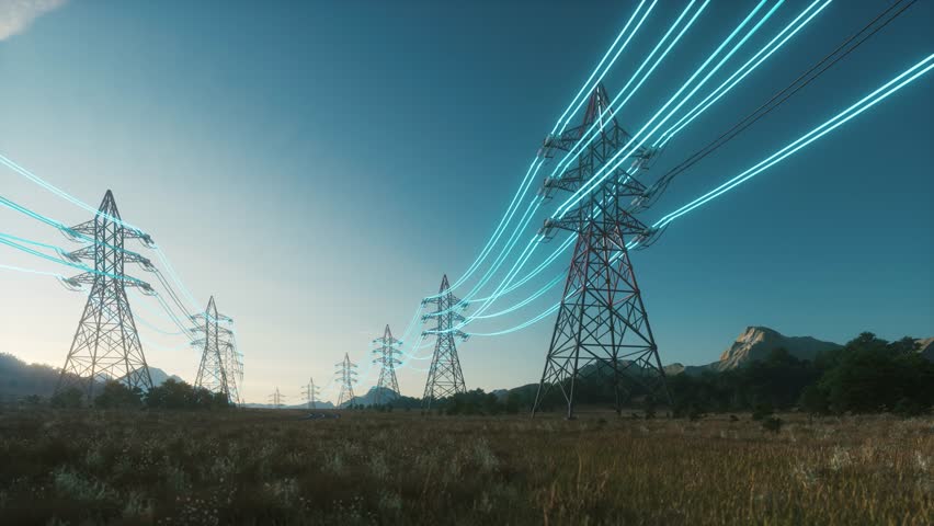 Power Transmission Lines. Clean Ecological Environment. High voltage steel power pylons in field. Transmission of electricity through high-voltage wires Royalty-Free Stock Footage #3446360615