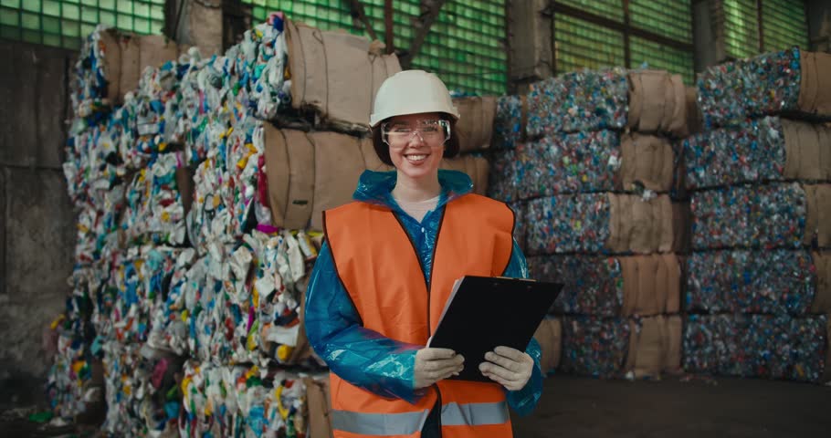 Portrait of a happy brunette girl in a blue protective uniform and an orange vest who is holding a tablet in her hands smiling and looking at the camera near a large pile of recycled plastic at a
