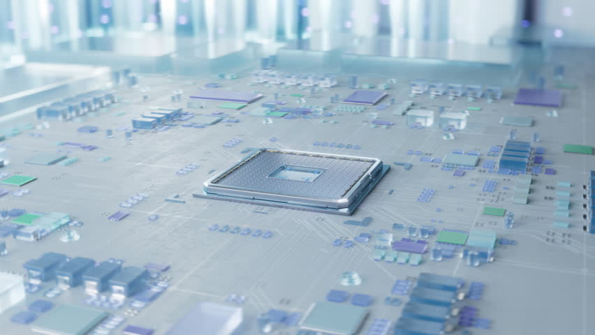 Futuristic Colorful Glass Microchip Connecting with a PCB and Powering Entire System. CPU Connection with White Motherboard with Colorful Glass Components. Advanced Chip Activates Circuit Board. Royalty-Free Stock Footage #3446432125