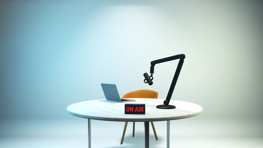 turning lights on at empty recording studio with podcast scenario, desk, chair, notebook and microphone. Camera zoom